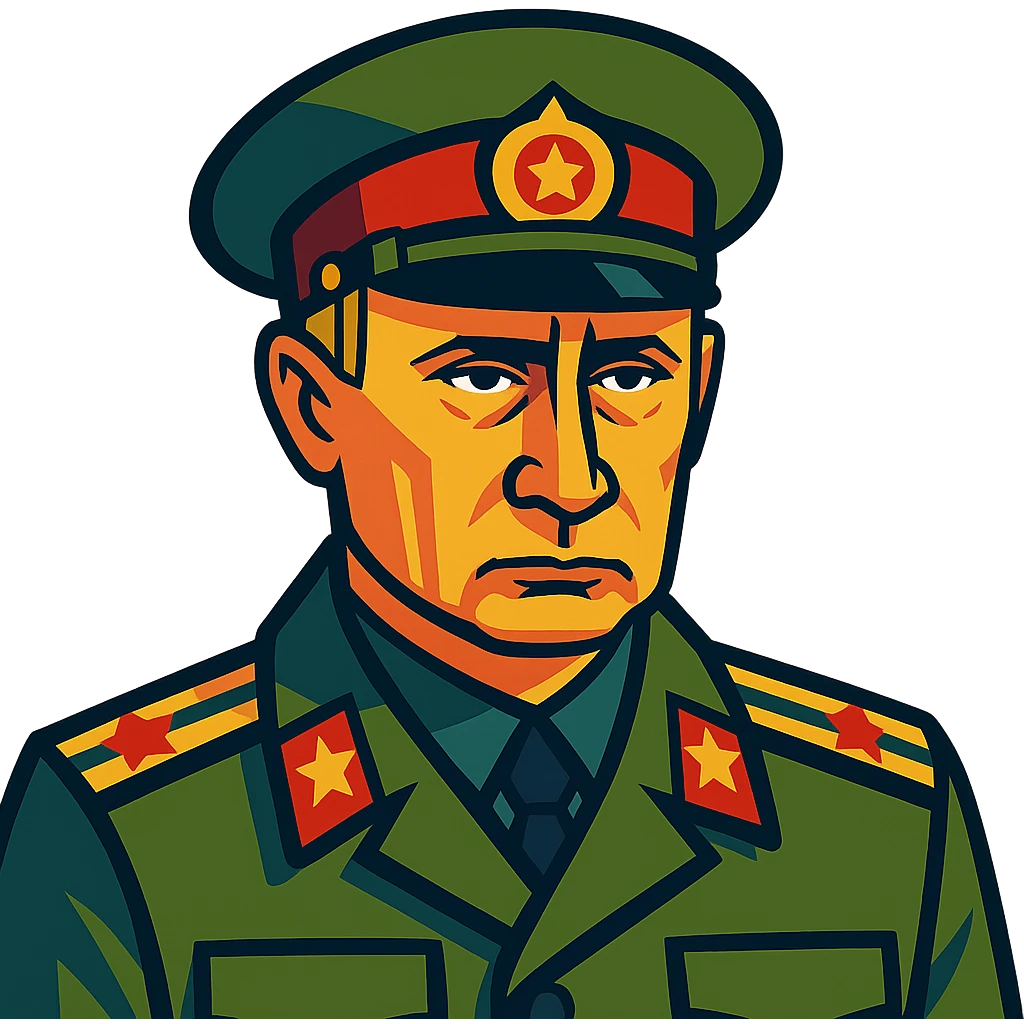 Putin in military uniform, stylized, serious face emoji
