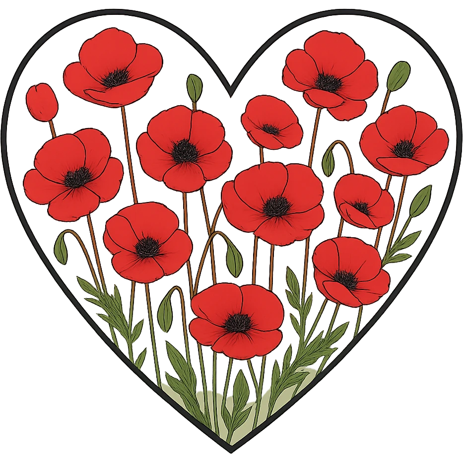 heart with a poppy field theme, clean digital illustration emoji