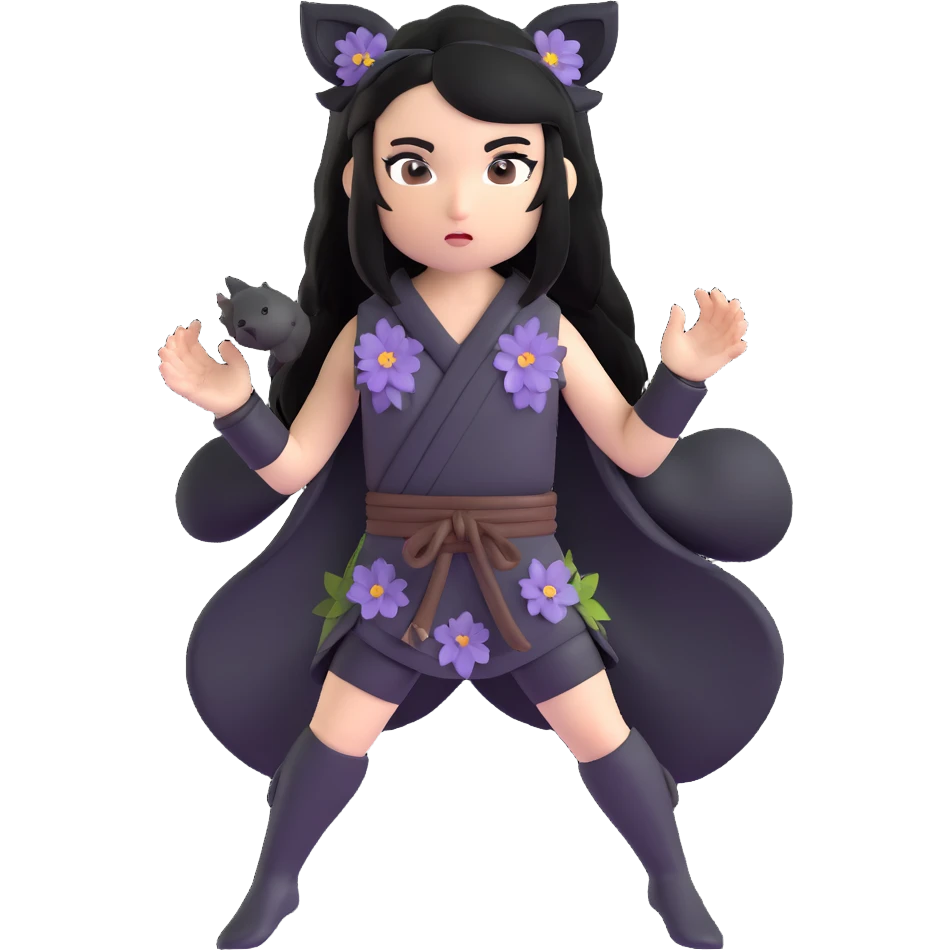 gothic female fighter with long flowing black hair, sharp intense eyes, small black bear ears, sleeveless black ritual robe top, gray combat shorts with dark floral pattern emoji