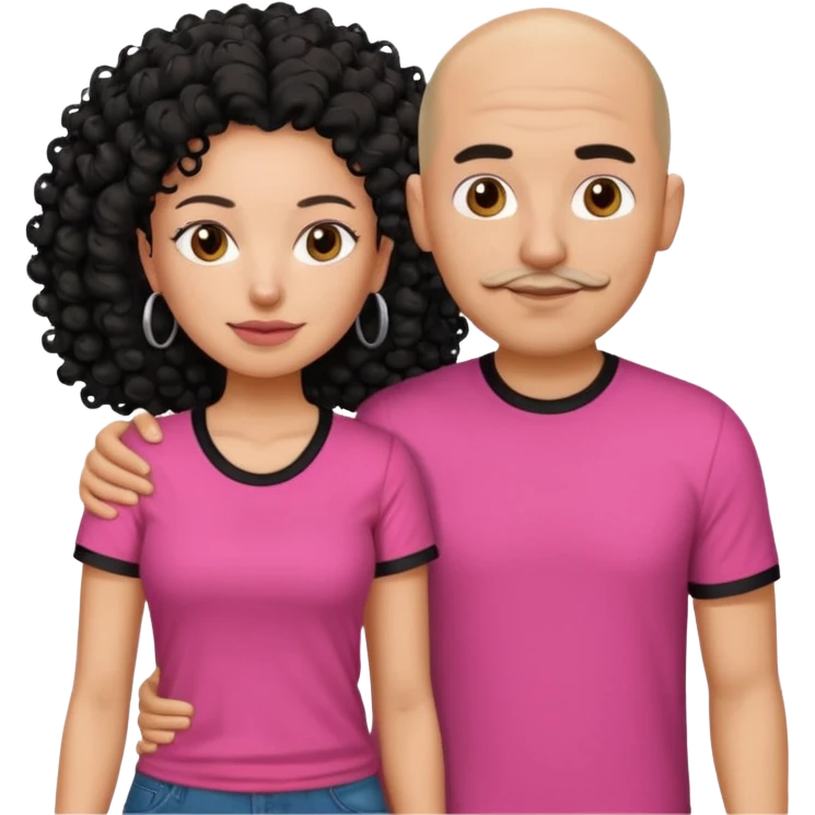 A picture if a couple, the man is a bald Mexican man with a black tee shirt on and the woman is mixed with black and white, with curly hair and a pink shirt on emoji
