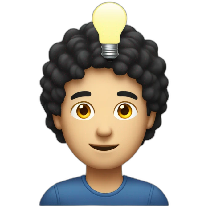 A white man with short black hair working on a laptop with a lightbulb above his head emoji