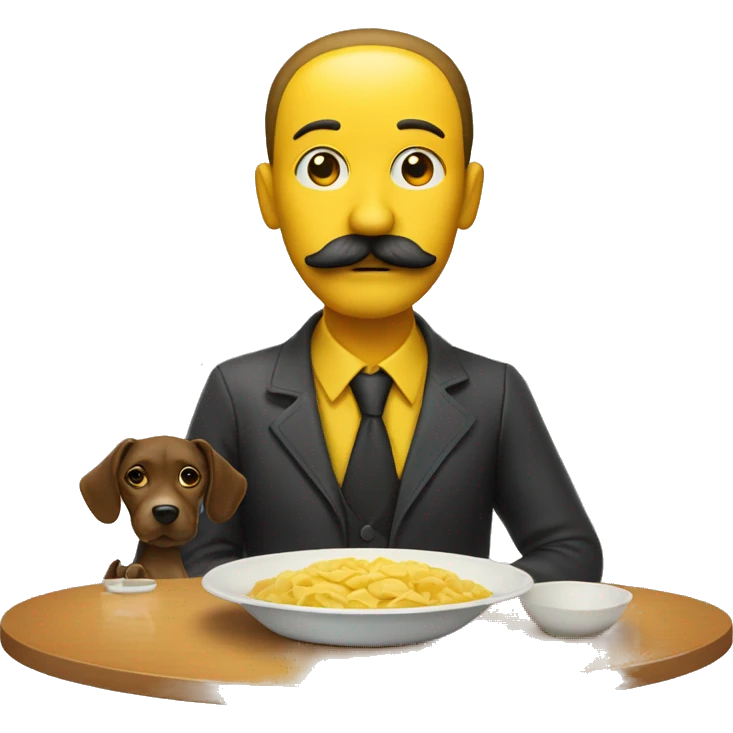 A yellow skinned man with mustache with a plate in front of him on a table. there is a dog on the table. emoji