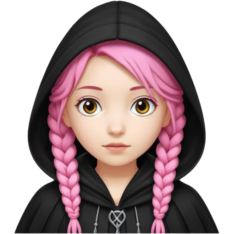 pink braids hair kid girl, white skin, wear black cloak emoji