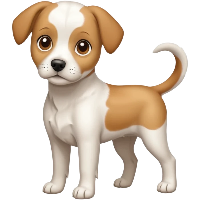 a full body white beagle x maltese x chi dog the size of a kelpie with light brown ears and a light brown patch on one eye emoji