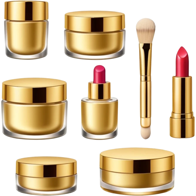 PVarios rodutos de beleza com tampa dos potes dourados e fundo transparente pra usar como figurinha emoji