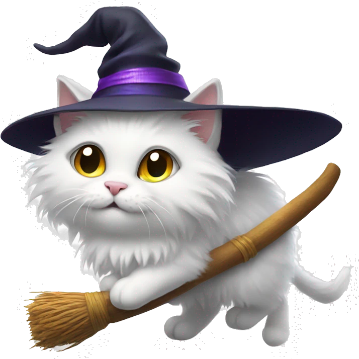 White fluffy cat on a broom with a witch hat emoji