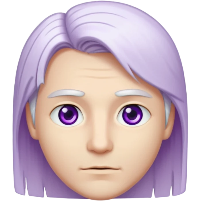 Beyaz uzun ve düz saçları olan,mor göz rengi olan, bembeyaz tenli bir erkek,genç,gözleri hafif çekik ve saçları da teni de bembeyaz olacak,genç olacak,kırışıklığı olmayacak,gözleri çekik ve mor renk olacak,alnında kırışıklık olmayacak,saçı daha beyaz olsun,genç olacak emoji