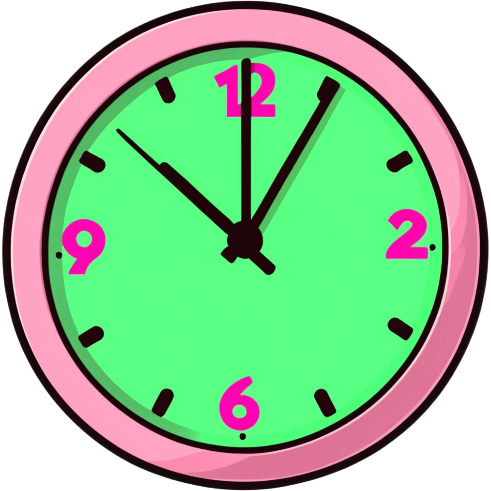 cartoon pink clock with numbers zooming away, energetic emoji