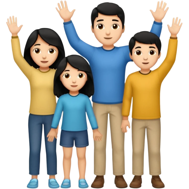 Hispanic family of five grouped together, mom with long straight hair, dad with short curly hair, two boys with matching short hair, one girl with long straight hair, no raised hands, transparent background emoji