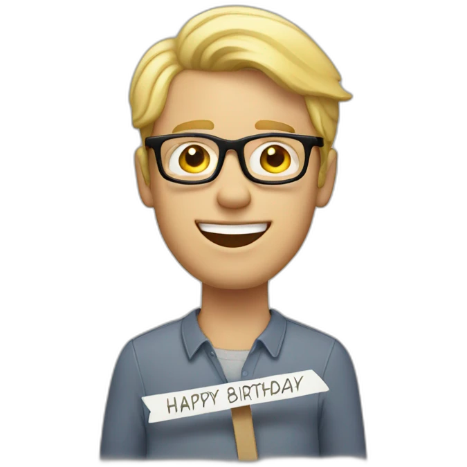 white guy with blond hair with glasses and a sign named Happy Birthday emoji