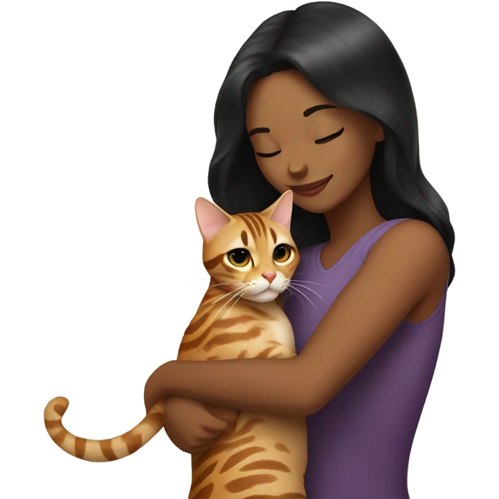 Beautiful black-haired woman hug a Bengal cat emoji