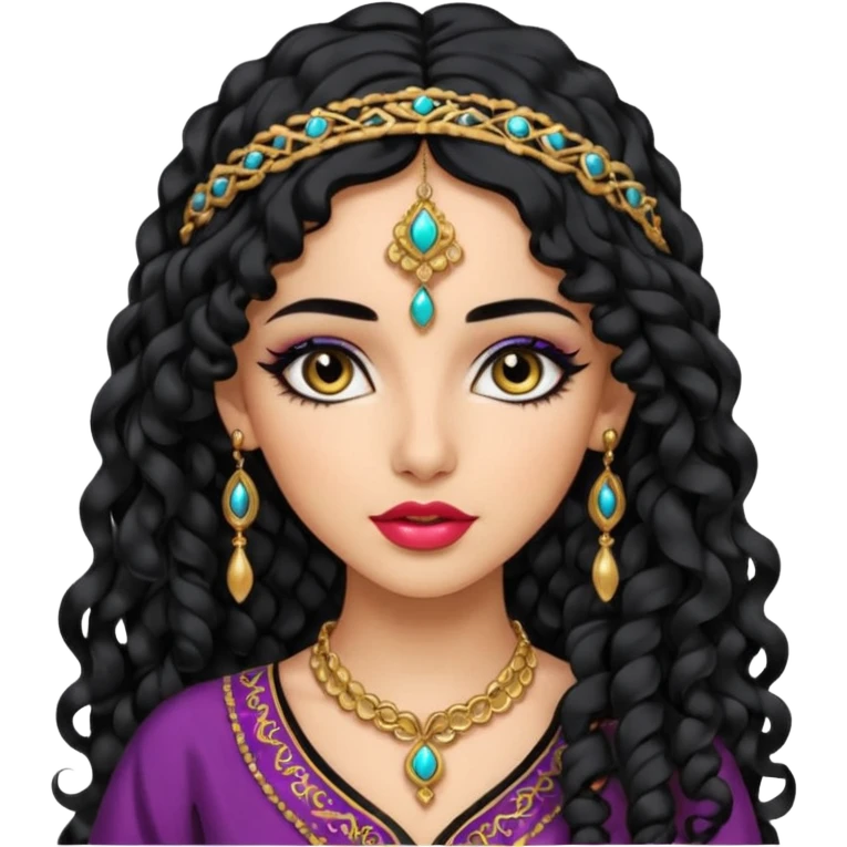 emoji of a fashionable girl with arabian features, long curly hair, light skin, pretty lips, black eyeliner, in arabian clothes emoji