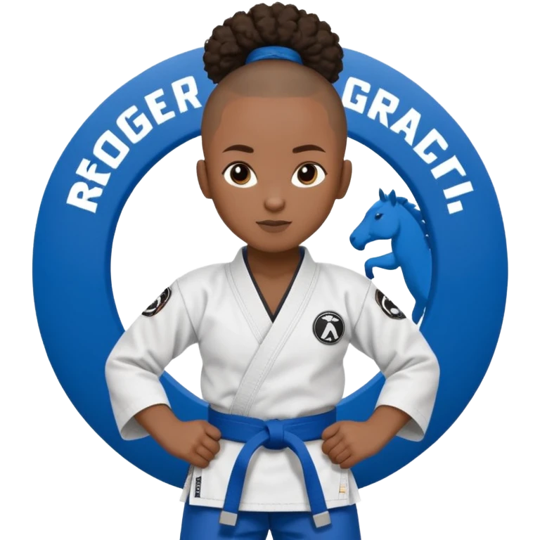 black karate instructor with pony tail afro hair and shaved bald sides haircut, Make the hair brown and the belt blue. Add the roger Gracie academy logo on the go also and the p logo of progress jiu jitsu on the right arm at the top emoji