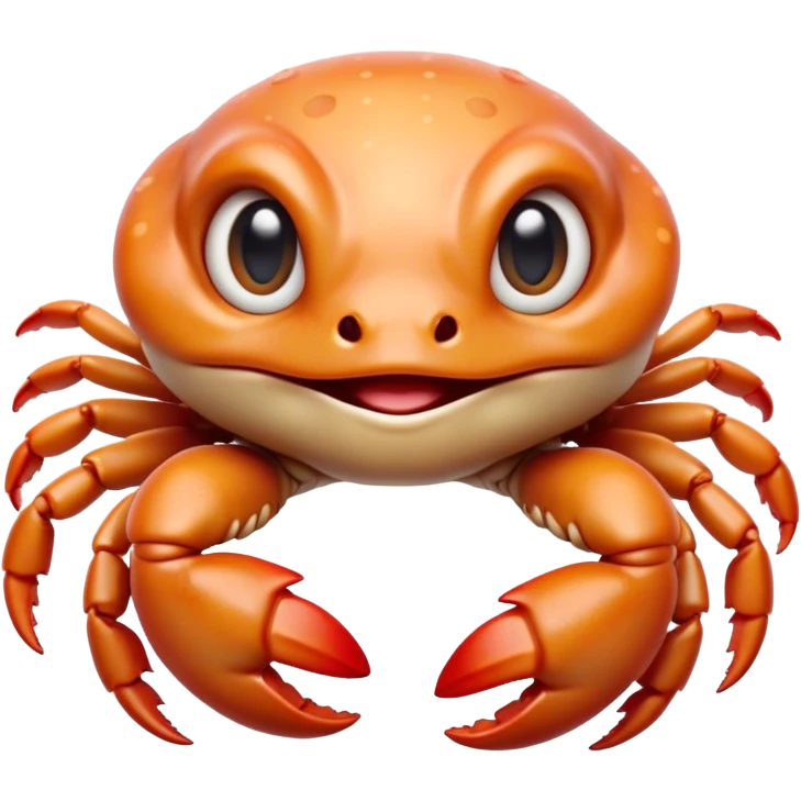Cinematic Cute Baby Crab Portrait Emoji, Head tilted playfully and inquisitively, featuring an adorably small form with a delicately patterned carapace, round, sparkling eyes, and tiny, endearing pincers, Simplified yet irresistibly adorable features, highly detailed, glowing with a warm, friendly coastal glow, high shine, affectionate and lively, stylized with a touch of seaside whimsy, soft glowing outline, capturing the essence of a mischievous yet loving baby crab that seems as if it could pinch its way out of the screen into your arms! emoji