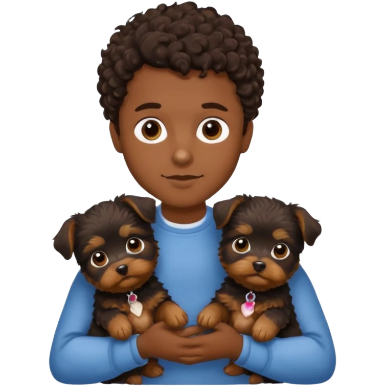 young man with dark brown curly hair, deep set eyes with two Yorkie puppies emoji