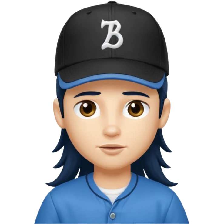 generate a pretty bratz boy wearing a dark blue button up shirt, long black mullet hair. Matching blue baseball cap on head. smirking emoji