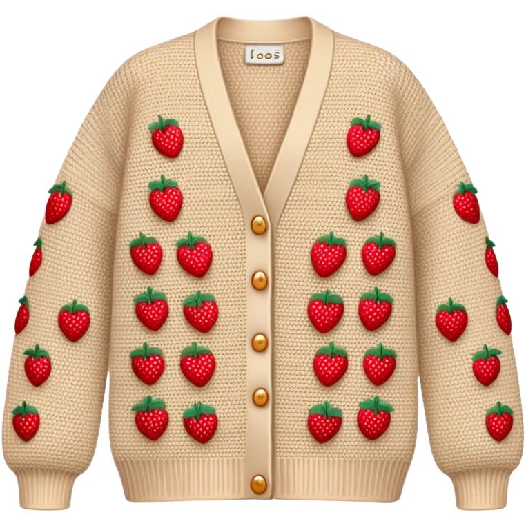 beige crocheted cardigan embroidered with small strawberries emoji