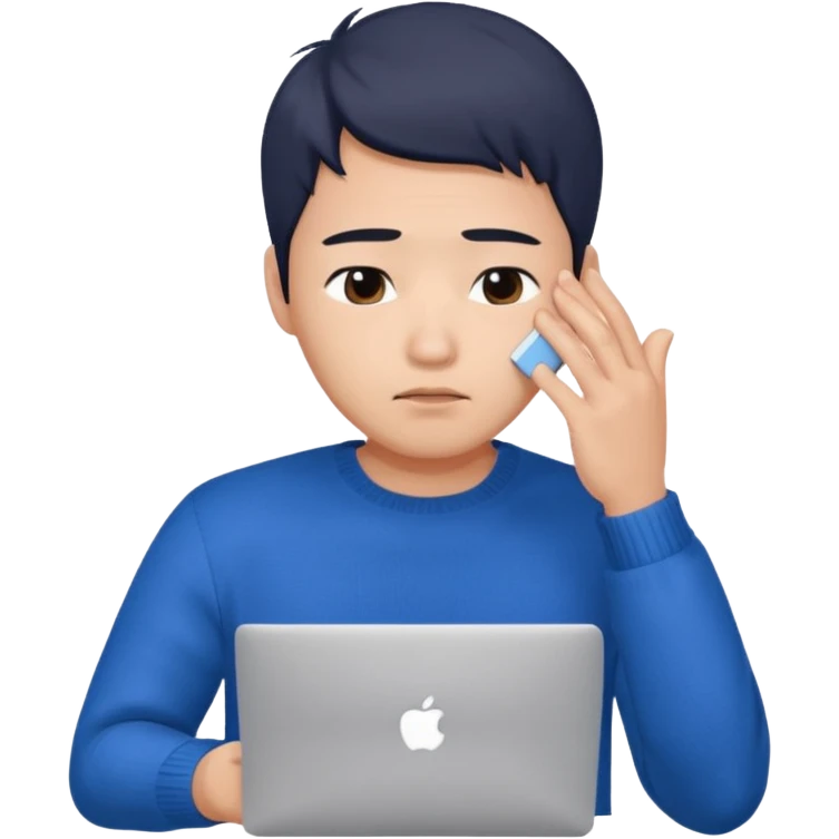 a asian handsome guy wearing a blue knit with white shirt, facepalming with only one hand, with a macbook, only upper body, high quality. more natural emoji