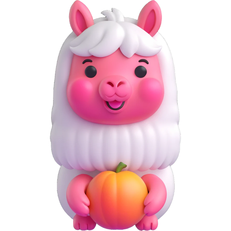 3D emoji of a cute white llama with a pink peach for its body emoji