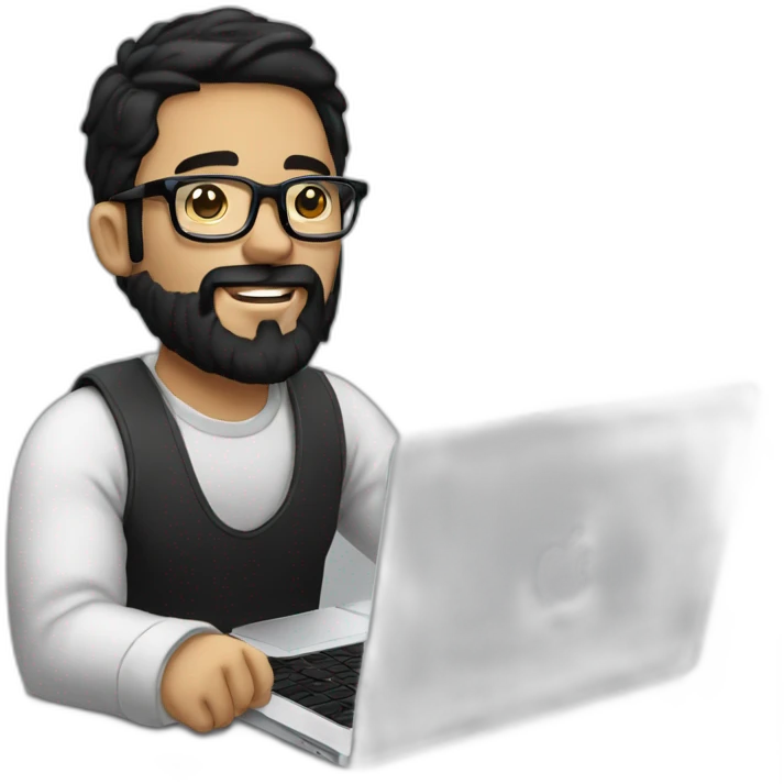 Designer with black hair, beard and glasses working with MacBook and drinking cappuccino  emoji