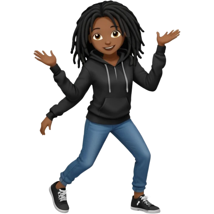African American girl dark skin with shoulder length black deadlocks wearing I plain black hoodie wearing skinny jeans dancing in street emoji