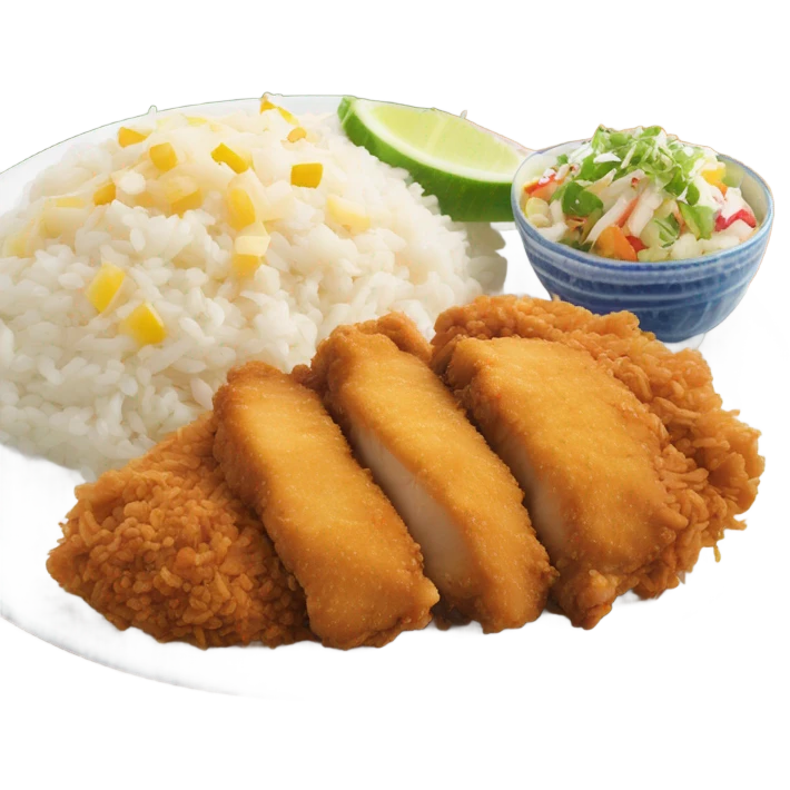 Hawaiian chicken katsu with white rice and Hawaiian Mac salad on plate emoji
