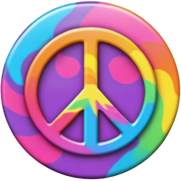 A round psychedelic colored button that says peace emoji