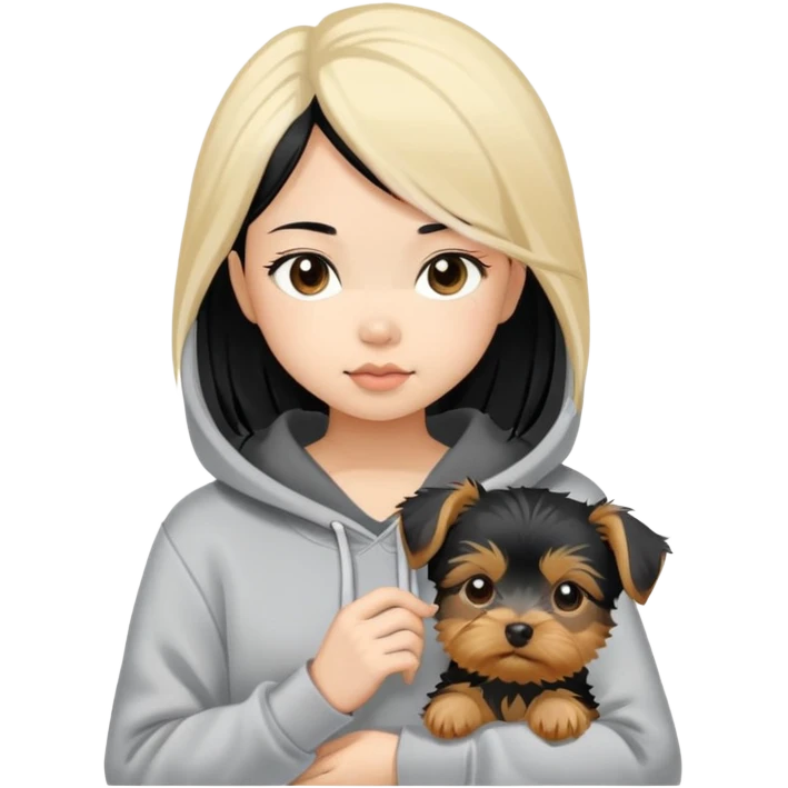 a black-haired Chinese girl in a gey hoodie with a blonde yorkie puppy emoji