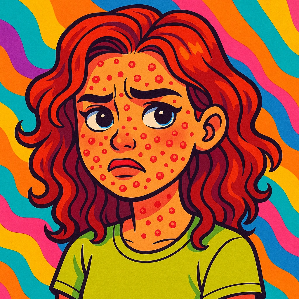 vibrant toon style chica con acné en el rostro, fondo colorido emoji