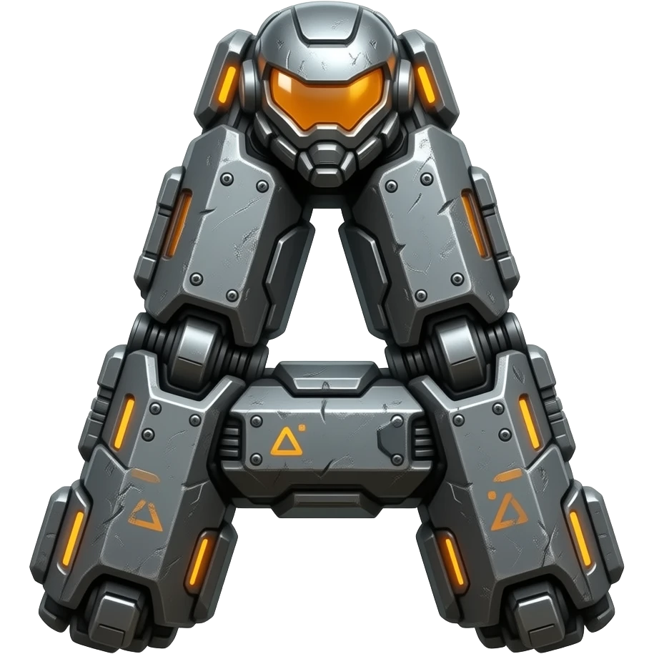 A letter 'A' designed as a piece of futuristic military exoskeleton. Matte gunmetal grey, industrial bolts, and glowing 'hazard orange' LED accents. Heavy metal texture, battle-worn scratches, high-tech tactical gear style emoji