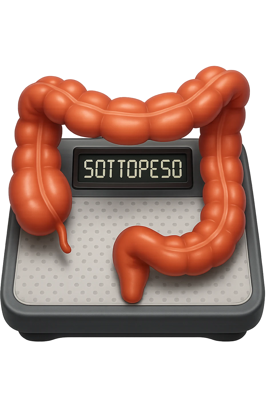 bilancia pesapersone con la scritta "SOTTOPESO" SUL DISPLAY, INTESTINO UMANO SULLA BILANCIA, stile emoji iphone, iperrealistico 4k emoji