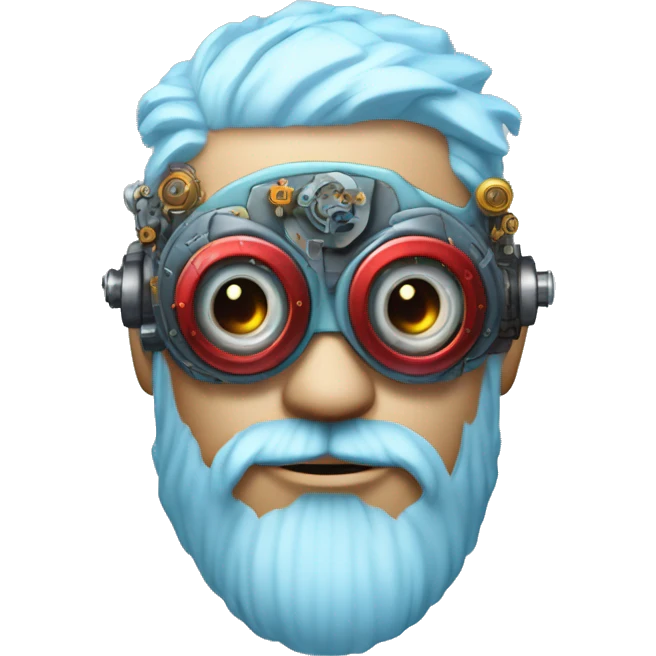  Short light blue haired male cyborg head with light blue beard, red steampunk goggles and circuits emoji