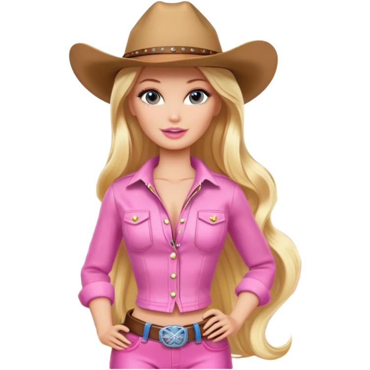 Cowgirl blonde Barbie model, long shiny hair, glamping, pink outfit emoji