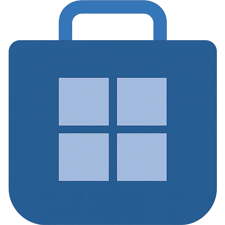 Create a very simple flat color clip art style Microsoft Store icon. Use three blue shades from the palette. The icon should be minimal with a shopping bag featuring a simplified window logo in blue shades. No text. Transparent background. emoji