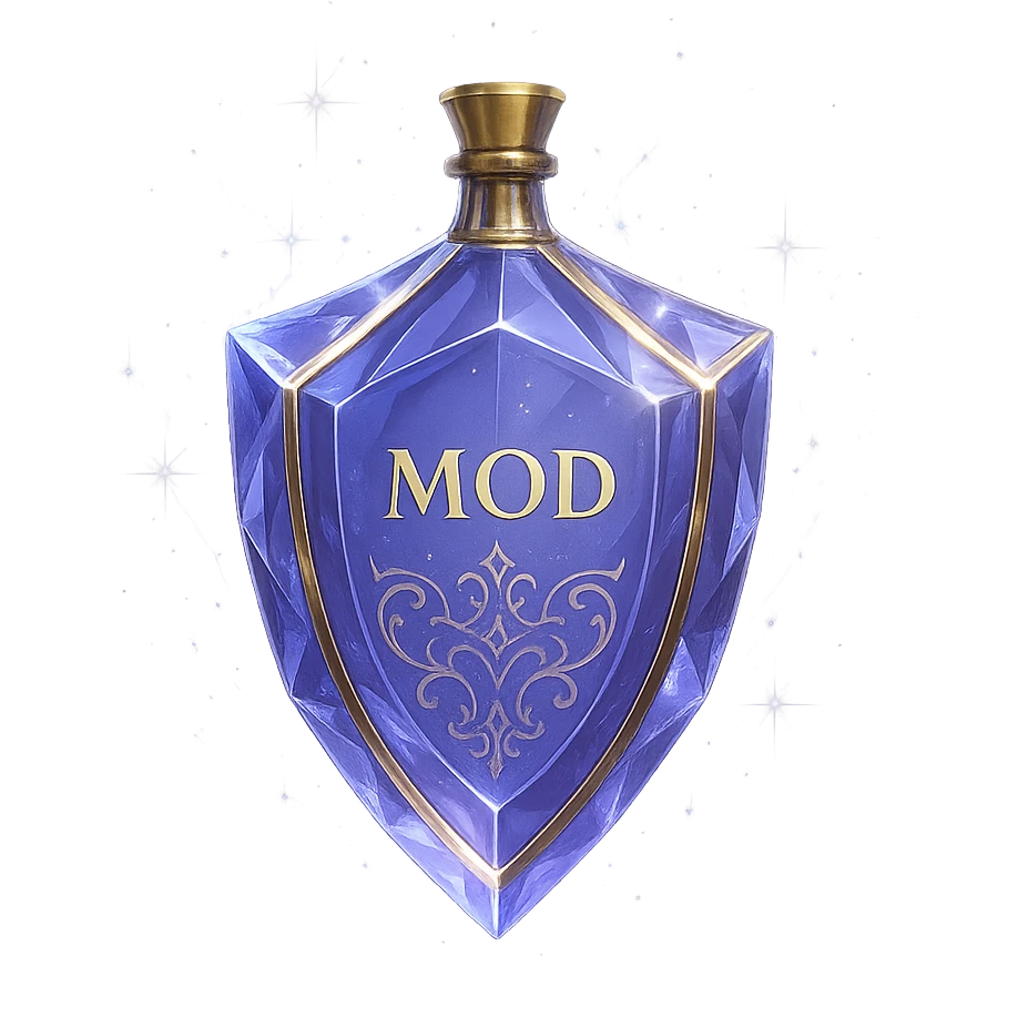 luxurious crystal elixir bottle in shield shape, color #7986cb, with inscription 'Mod', lots of glow, edges, ornaments, golden details, magical effects, very small golden neck, transparent background, beautiful seamless base, bottle clearly floating in air, no base or shadow, premium class impression, modern design, matching crystal, luxurious, magical bottle collection emoji