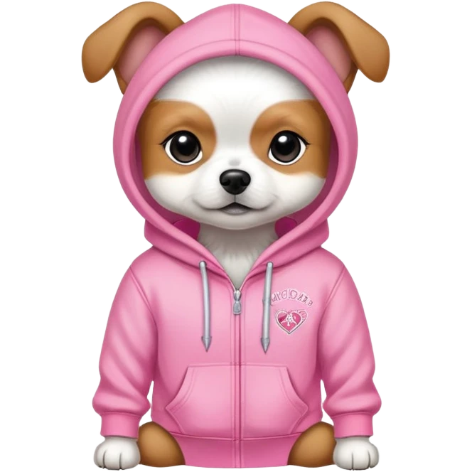 small dog wearing Victoria's Secret pink hoodie with logo emoji