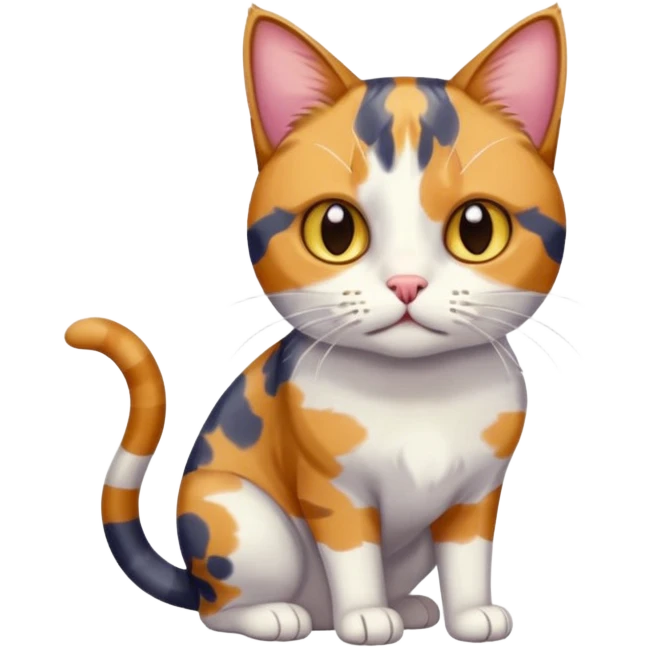 full body anxious looking colourful patchy calico tabby cat with tiny head to large body with fully white front legs emoji