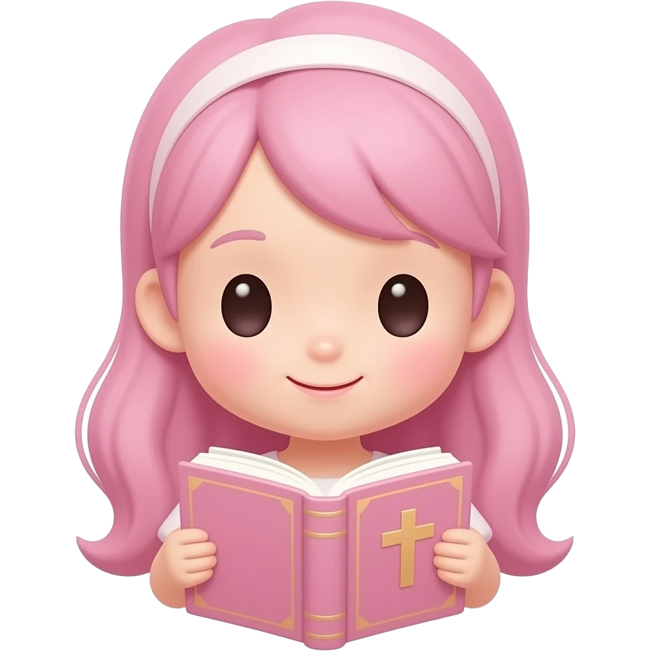 Aesthetic miffy girly reading the Bible with cross on the cover, pastel pink emoji