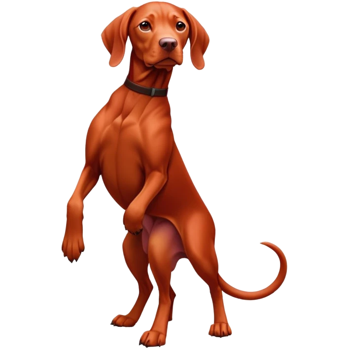 cinematic-[Vizsla-realistic-full-body-standing-emoji,-tail-resting-loosely-beside-its-paws,-head-tilted-dramatically, -sleek-[red]-fur,-simplified-yet-realistic-focused-features,-highly-detailed,-glowing-with-an-almost-sarcastic-glow emoji