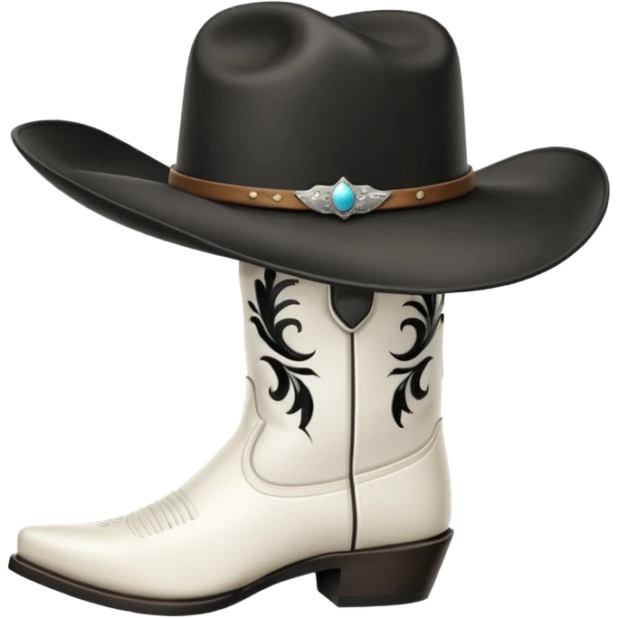 All white classic cowboy boots with one hat tilted resting on top of them emoji