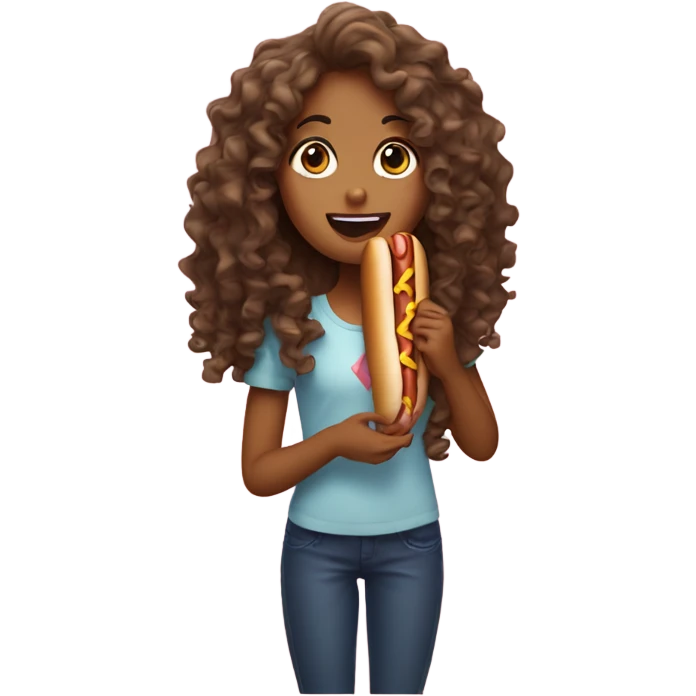 A girl with long curly hair eating hot dog emoji
