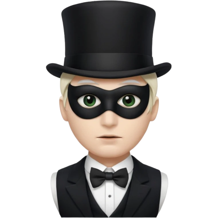 A man with white skin, a black half mask with an eye hole, a black top hat, a black vest with a black tie tucked underneath, and a white collared shirt emoji