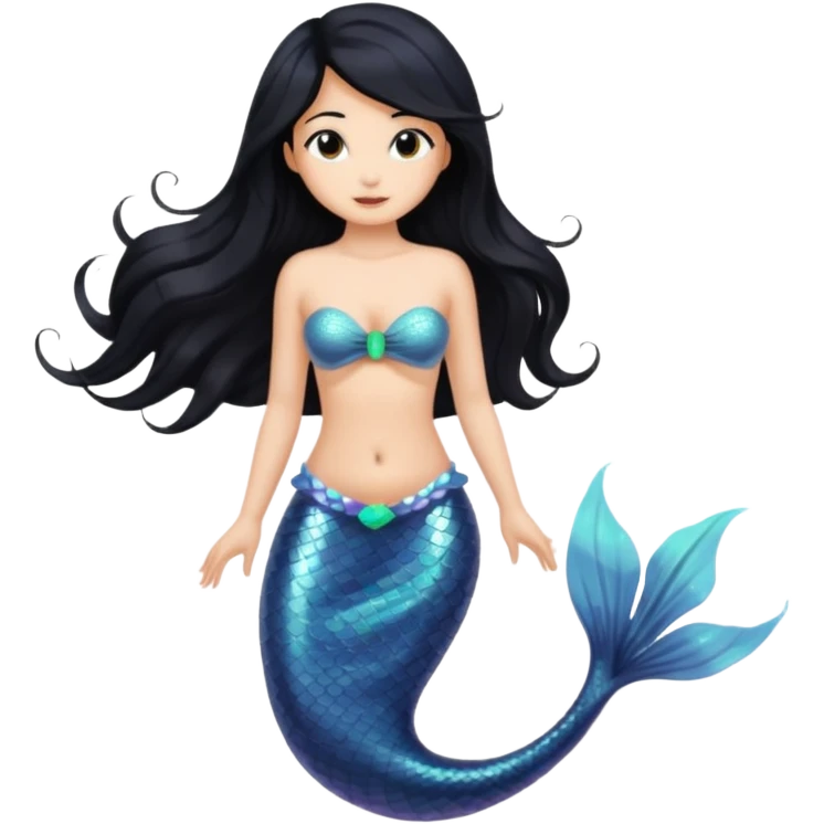 Mermaid with black hair and black and brown tail. Long hair covering chest. emoji