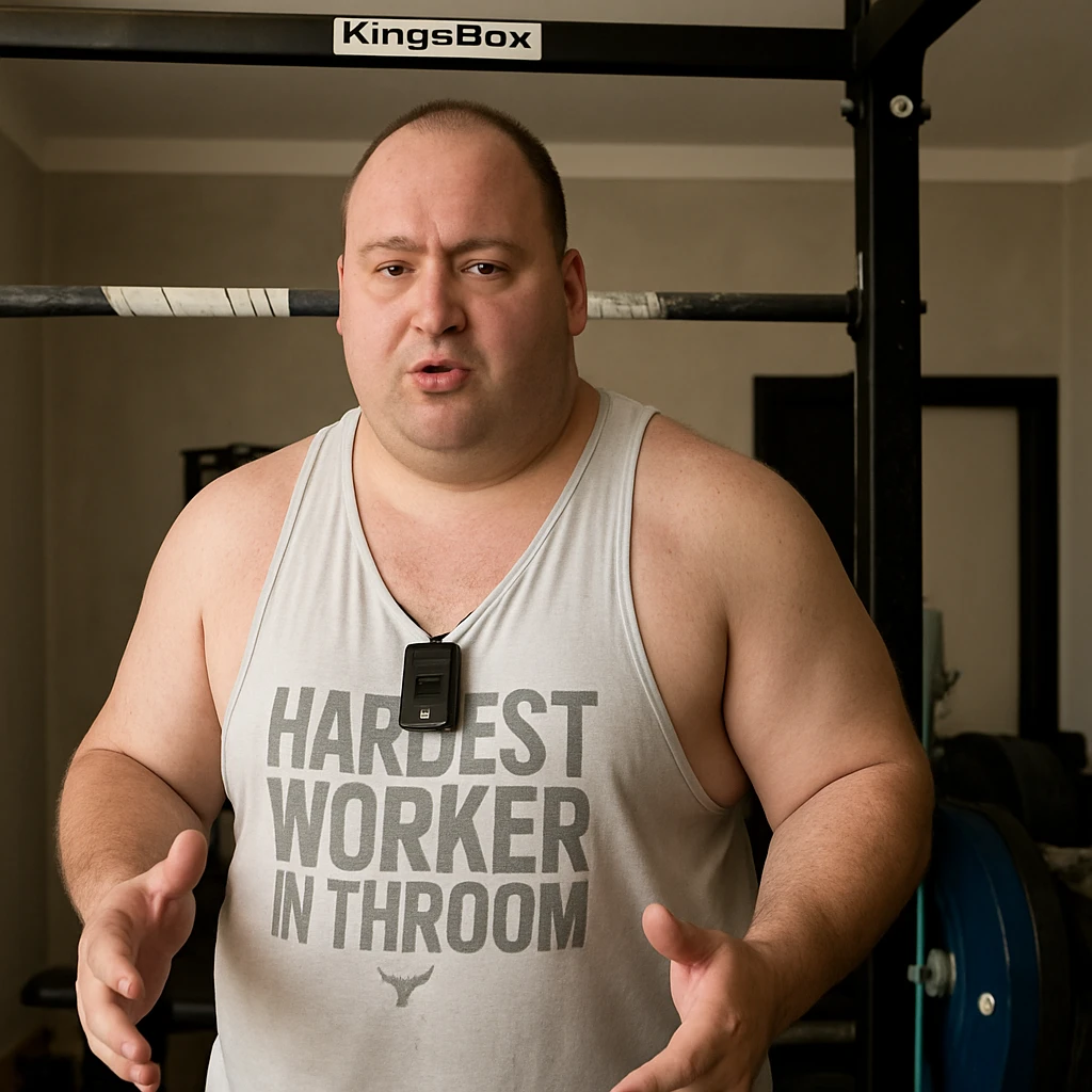 Create a realistic version of the man in the reference photo with developed musculature and body fat distributed over the entire body, maintaining the original pose. emoji