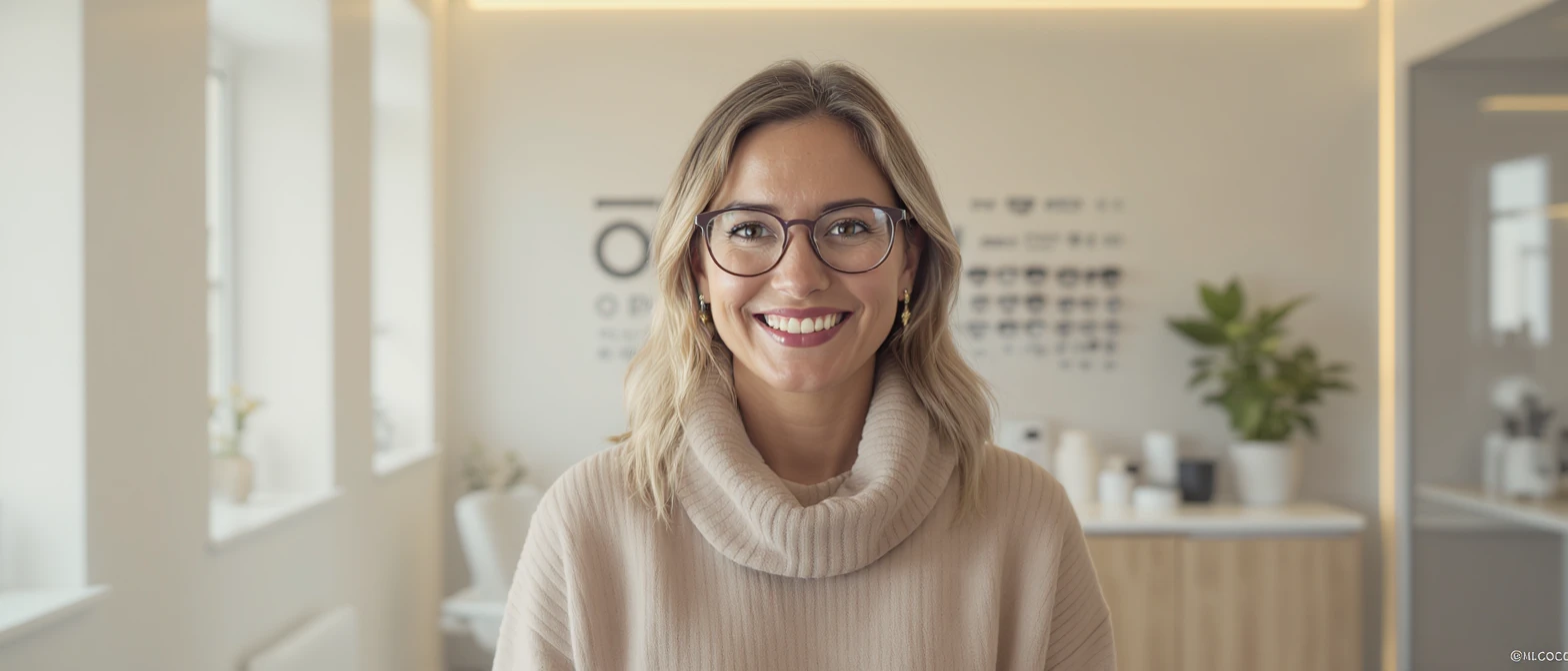 Cinematic still of a smiling european white woman with glasses smiling, minimalistic ophthalmologist interior in background, leading  lines, "rule of thirds" emoji
