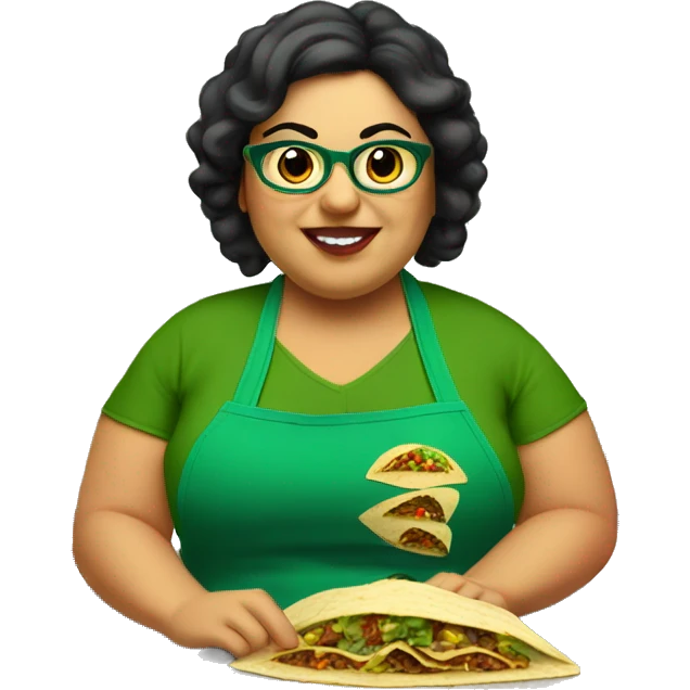 mexican chubby lady green apron  with glasses cooking tacos emoji
