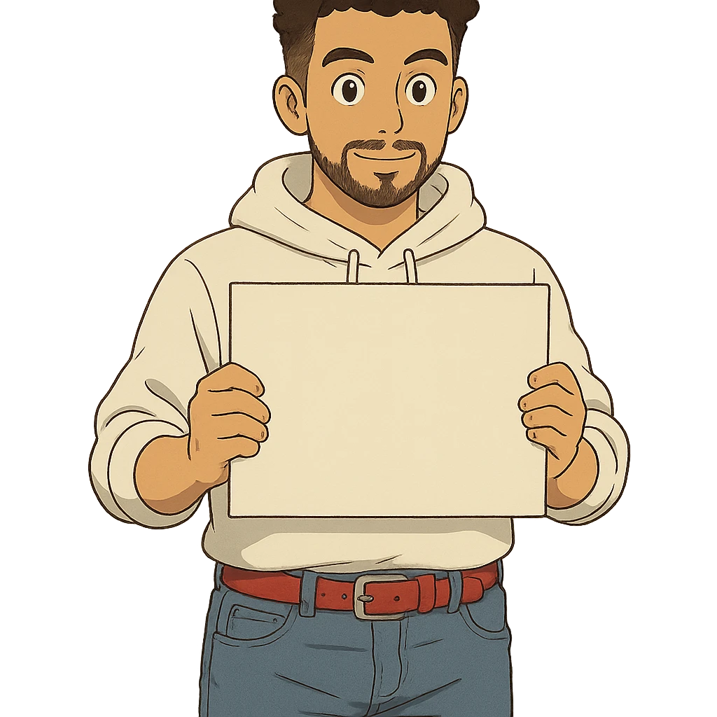 1 male, mid fade haircut dark chestnut brown curly hair, toasted lightskin, white hoodie sleeves up, fashion jeans, red fashion-sneakers shoes, red belt, short trimmed beard and goatee,  style of deku from "my hero academia", pose: holding a blank poster chest level, the image is framed from the waist to above the top of the head emoji