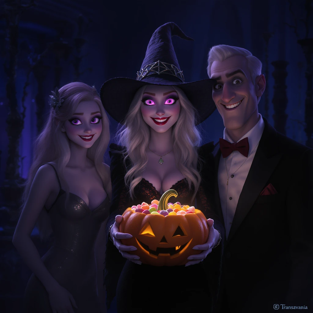 Cinematic still, Disney style, Happy witch holding pumpkin bowl full of candies, triadal character placement, dark blue color background, back light, Film inspired by Hotel Transylvania, purple light emoji