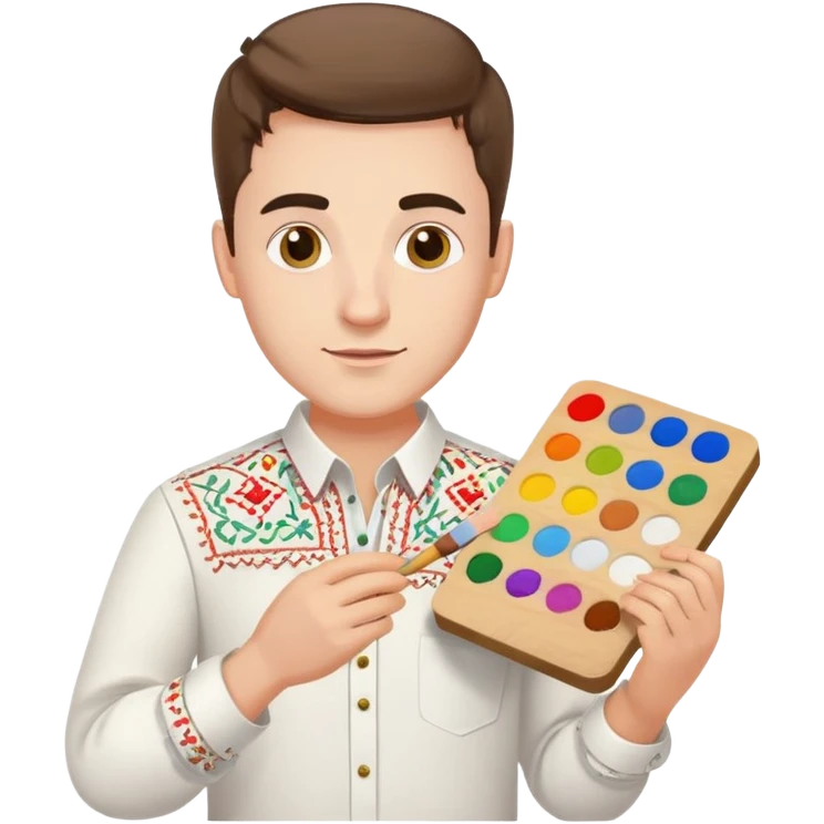 A guy in a white Ukrainian embroidered shirt holds musical notes and a paint palette in his hand emoji