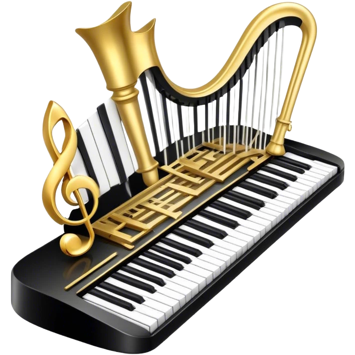 Create a detailed and elegant emoji collage representing keyboard instruments in a celebratory and professional style, reminiscent of a coat of arms. The design should feature a central arrangement of black and white piano keys, forming a symmetrical, powerful image. Around the keys, include a flowing ribbon of musical notes that intertwines with the keys, creating a sense of movement and harmony. Use gold and silver accents to highlight the keys and musical notes, giving the design a festive, high-quality appearance. The design should convey professionalism, elegance, and a sense of occasion. Add subtle reflections on the piano keys to enhance the polished look. The background should be transparent. emoji